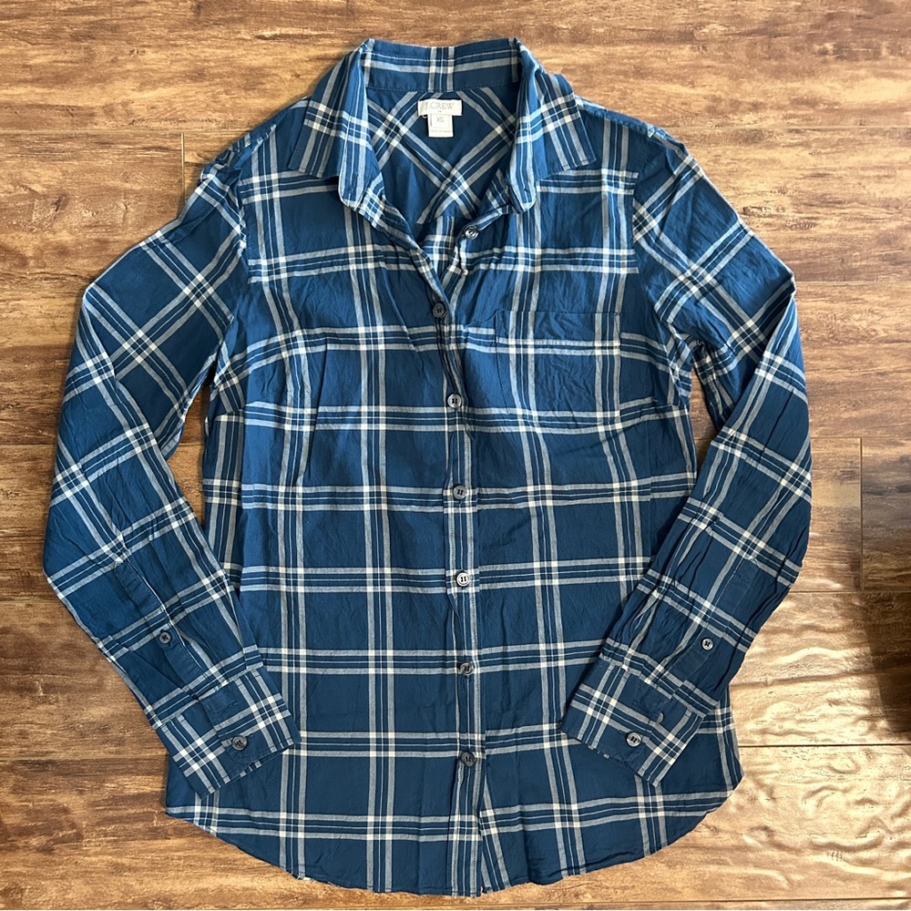 J Crew 100% cotton blue white plaid shirt tartan long sleeve collar button down